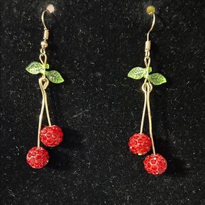 Sparkling Cherry Drop Earrings with Green Leaves